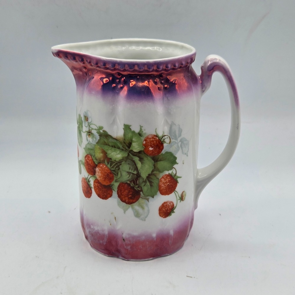 Strawberry Pitcher with Purple Luster Porcelain Unmarked VINTAGE Cottage Core